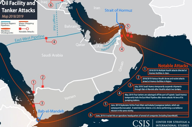 Infografia de los ataques alrededor del estrecho de Ormuz