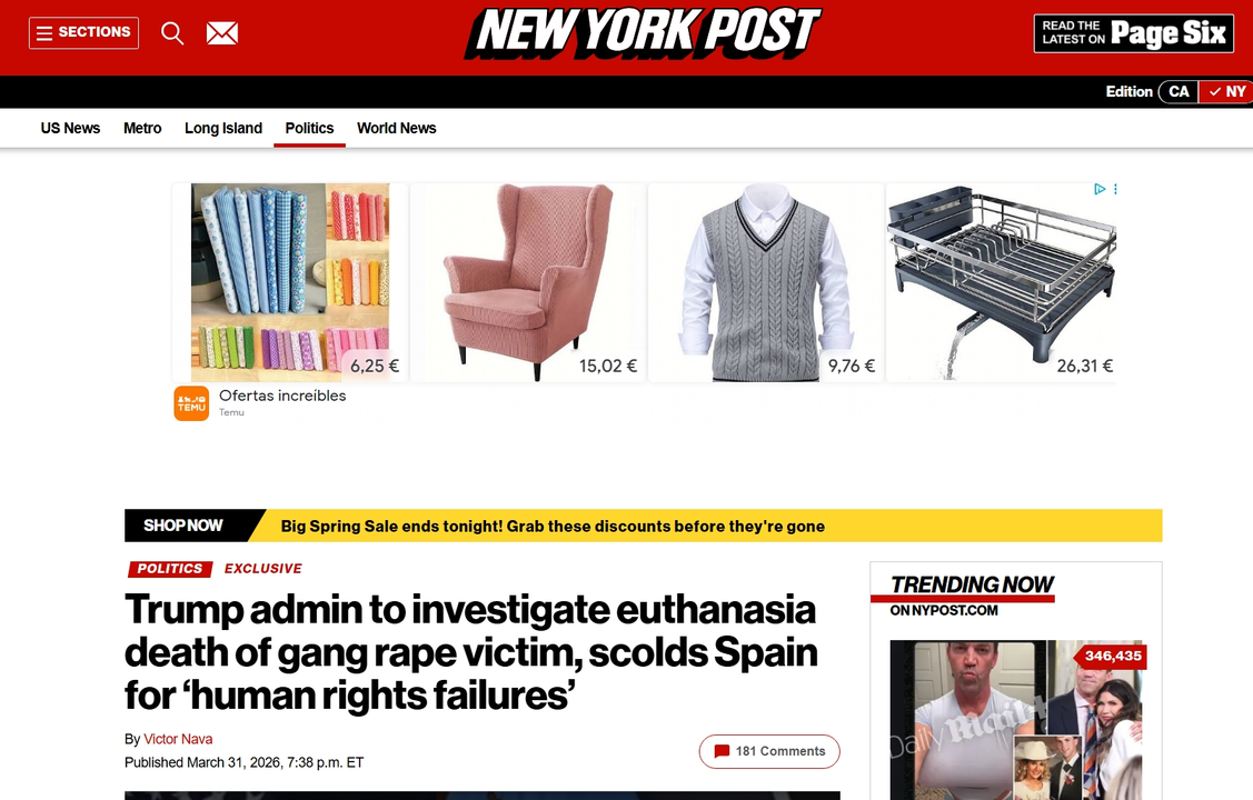 New York Post. Captura de pantalla de la noticia