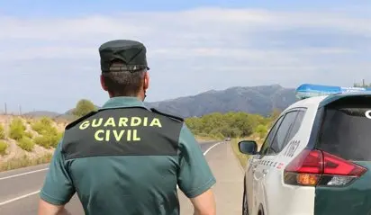 Un agente de la Guardia Civil junto a un veh&iacute;culo en una carretera.