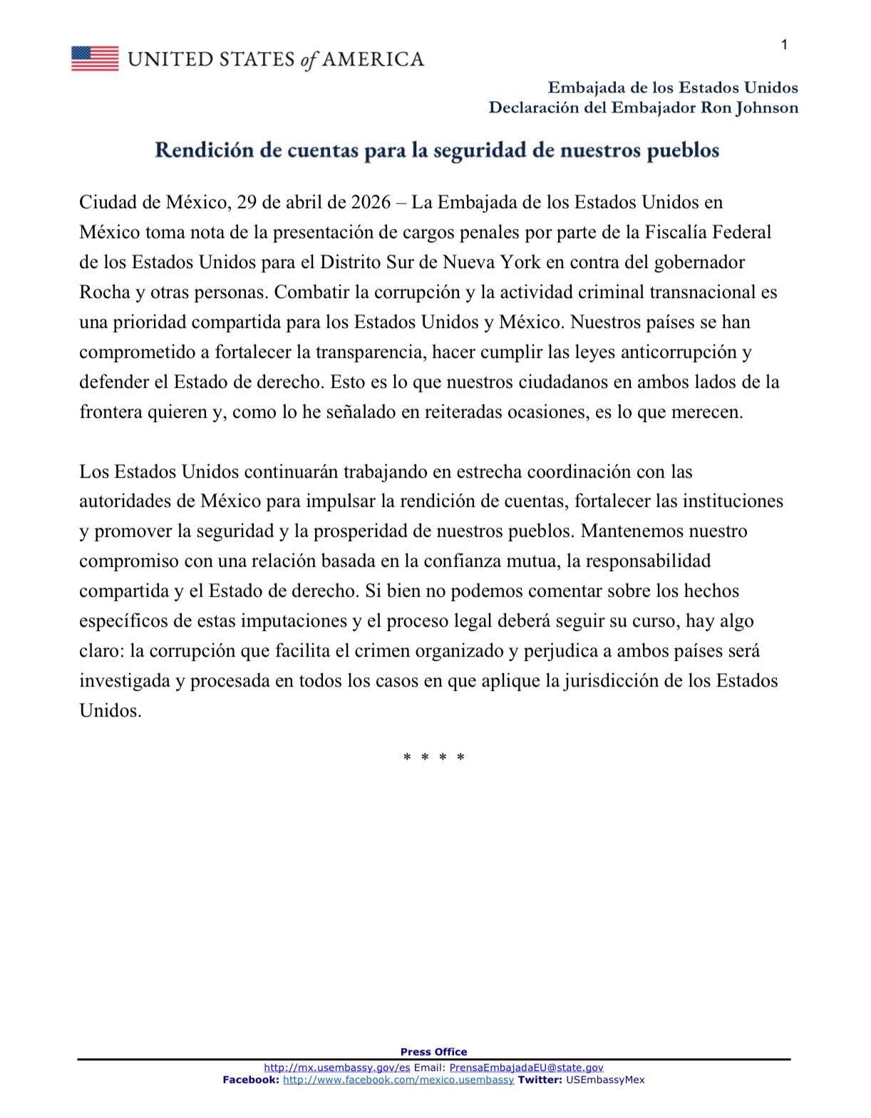 Escrito del embajador de EEUU en México