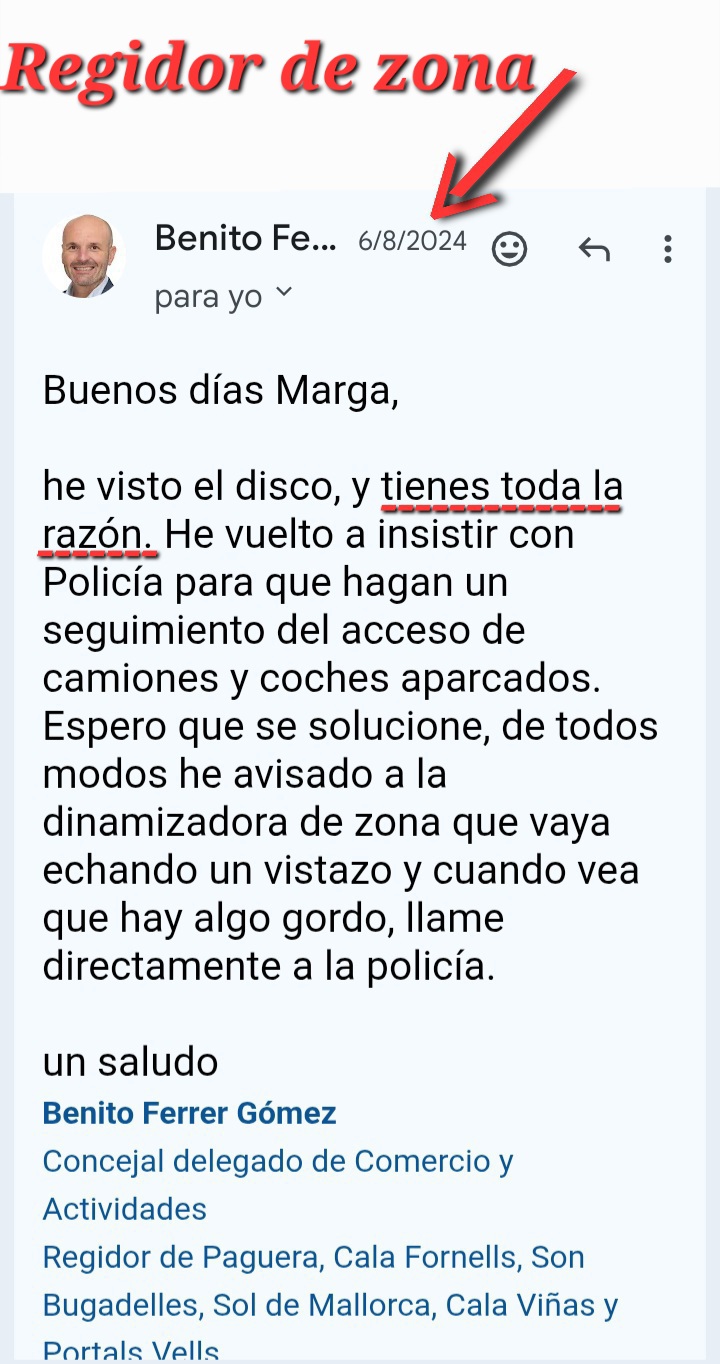 Captura de pantalla de la comunicación con el concejal