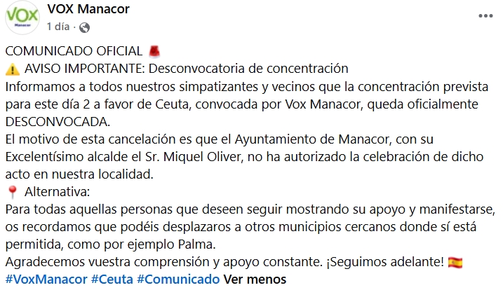 Captura de pantalla_de la página de Facebook de VOX Manacor